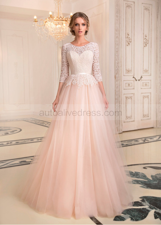 Peach Pink Lace Tulle Peplum Chic Wedding Dress